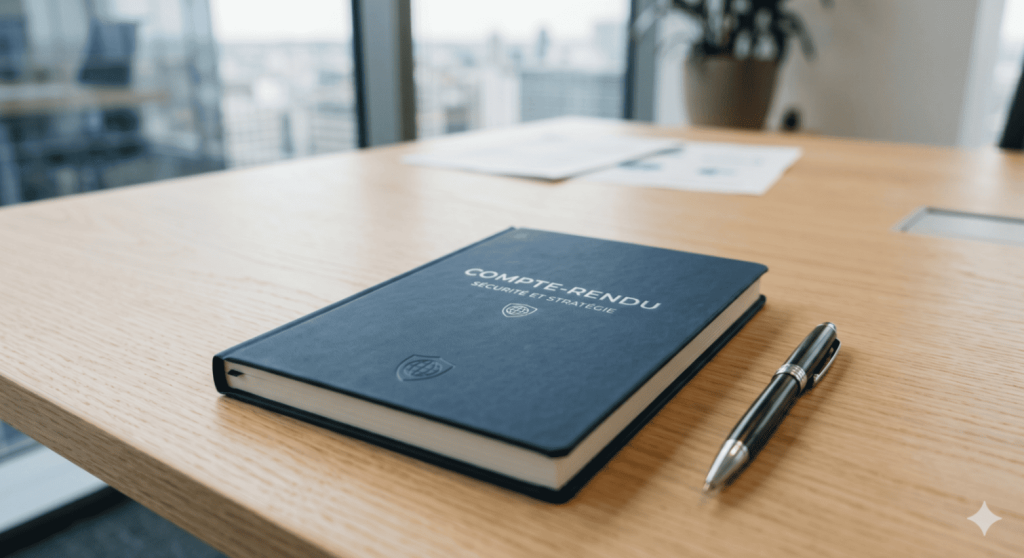 Carnet bleu marine intitulé Compte-rendu Sécurité et Stratégie posé sur un bureau en bois clair à côté d'un stylo, dans un environnement d'entreprise.