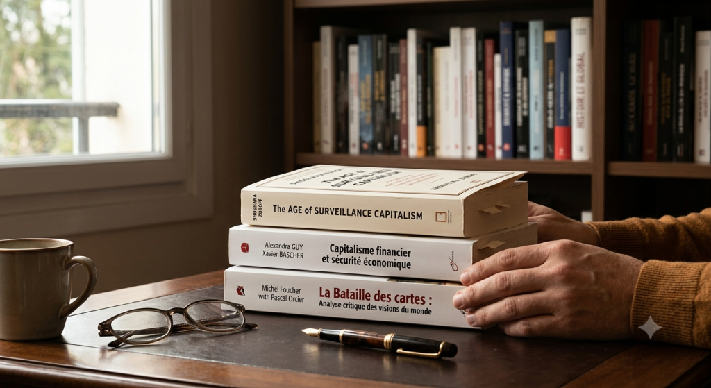 Pile de trois livres sur un bureau illustrant la sélection d'actualité : The Age of Surveillance Capitalism, Capitalisme financier et sécurité économique, et La Bataille des cartes